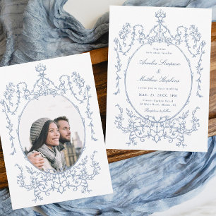 Classic Floral Frame Dusty Blue Wedding Photo Invitation