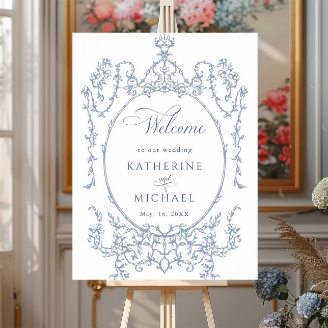 Classic Floral Frame Dusty Blue Wedding Welcome  Poster (Creator Uploaded)