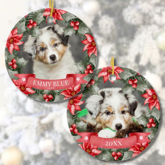 Classic Floral Frame Pet First Christmas Dog Ceramic Tree Decoration (Classic Floral Frame Pet First Christmas Dog Ceramic Ornament)