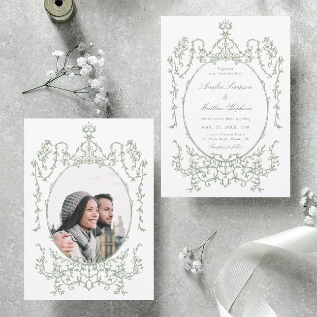 Classic Floral Frame Sage Green Wedding Photo Invitation (Front & Back)