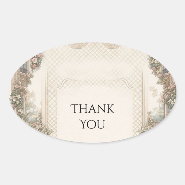 Classic Floral Frame Wedding Thank You Oval Sticker (Front)