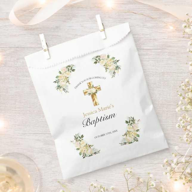 Classic Floral Gold Cross Baptism Thank You Favour Bags (Clipped)