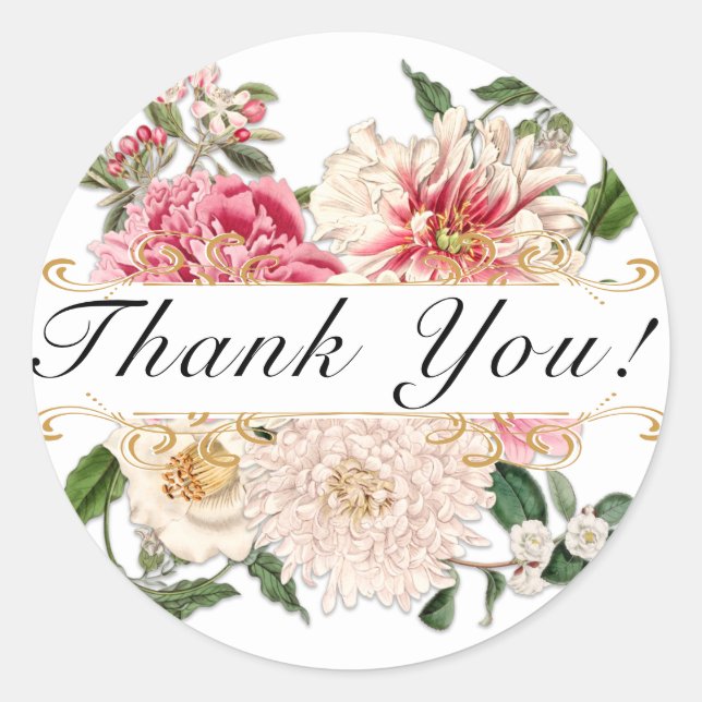 Classic Floral Gold Swirls Elegant White Thank You Classic Round Sticker (Front)