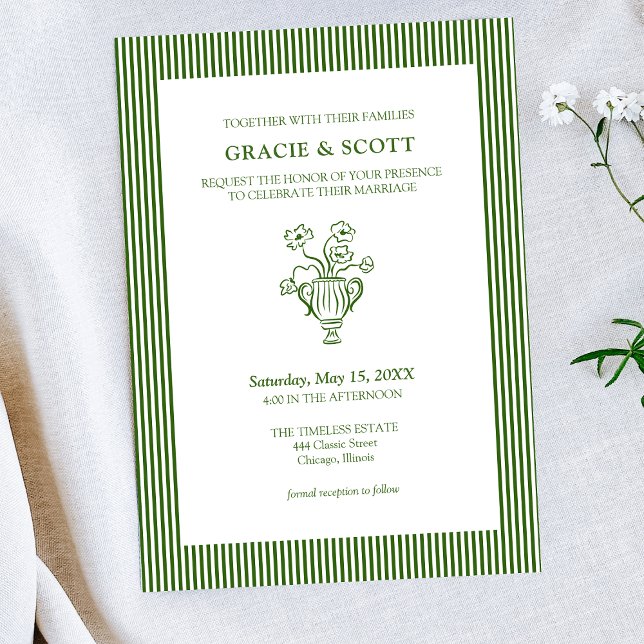 Classic Floral Green Garden Thin Striped Wedding Invitation (Creator Uploaded)