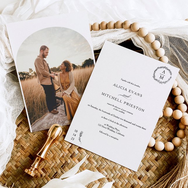 Classic floral monogram black wedding arch photo invitation (Creator Uploaded)