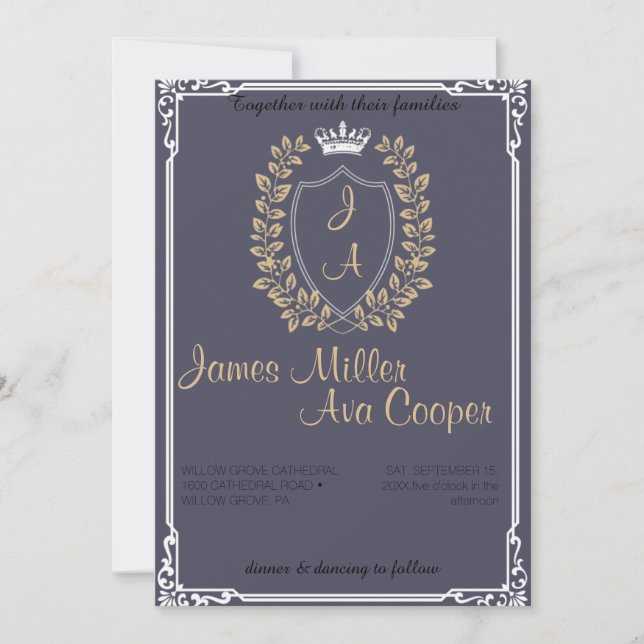 Classic Floral Monogram Crest Wedding Invitation. Invitation (Front)