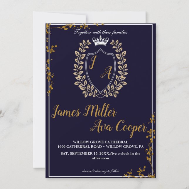 Classic Floral Monogram Crest Wedding Invitation. Invitation (Front)
