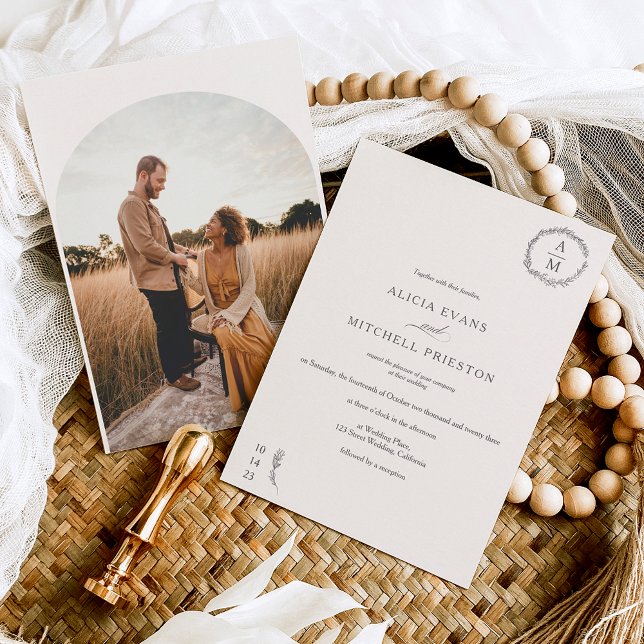 Classic floral monogram ivory wedding arch photo invitation (Creator Uploaded)