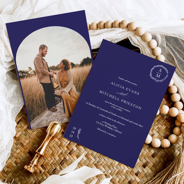 Classic floral navy blue monogram wedding arch invitation (Creator Uploaded)