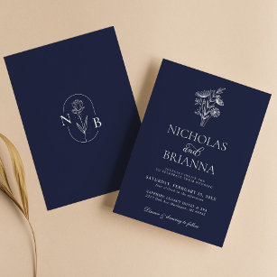 Classic Floral Navy Blue Wedding Minimalist Invitation