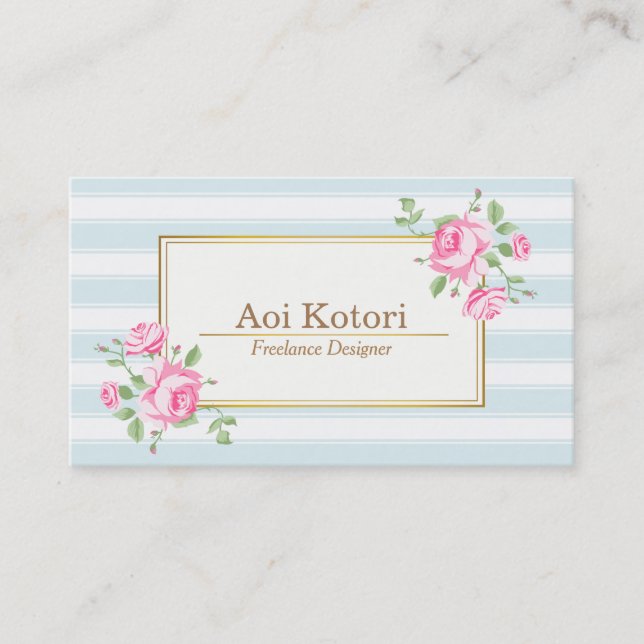 Classic Floral Stripes Roses Business Card (Front)