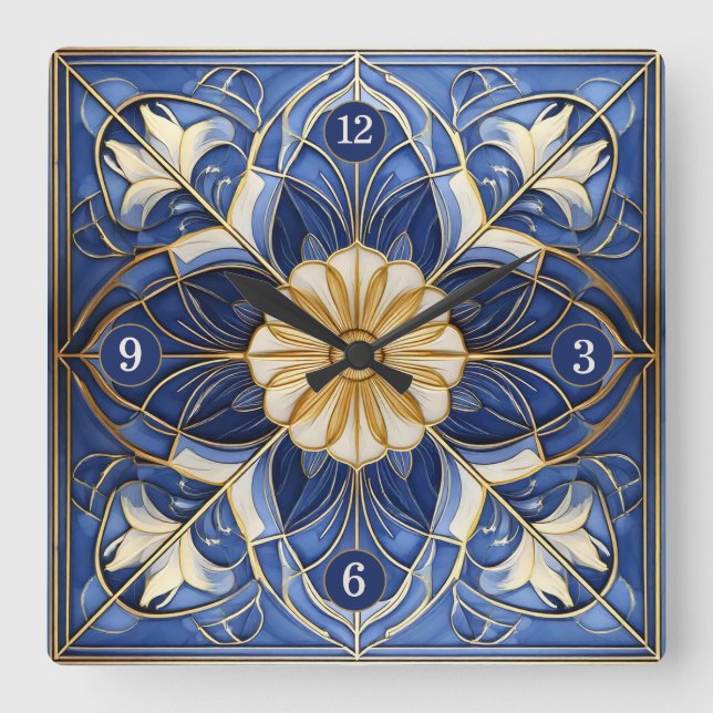 Classic Floral Tile Pat#12 Blue Yellow ID1078 Square Wall Clock (Front)