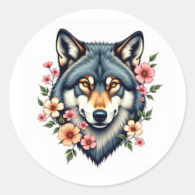 Classic Floral Wolf's Head  Round Stickers (Front)