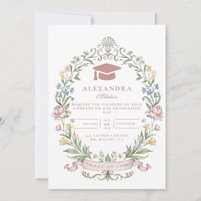 Classic Floral Wreath Graduation Invitation (Front)