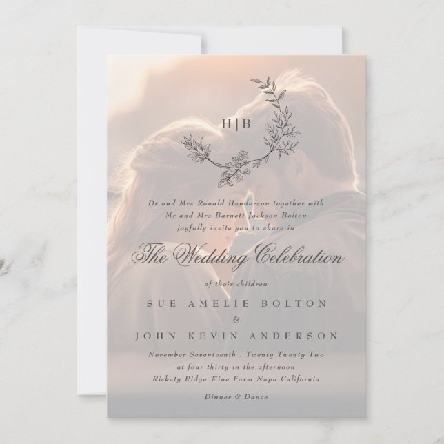 Classic Floral Wreath Monogram Photo Wedding Invitation (Front)