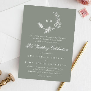 Classic Floral Wreath Monogram Sage Green Wedding Invitation