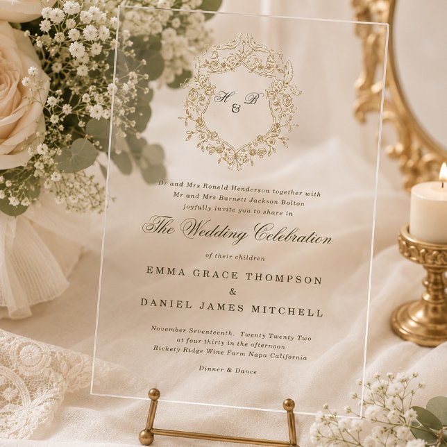 Classic Floral Wreath Monogram Wedding Acrylic Invitations (Creator Uploaded)