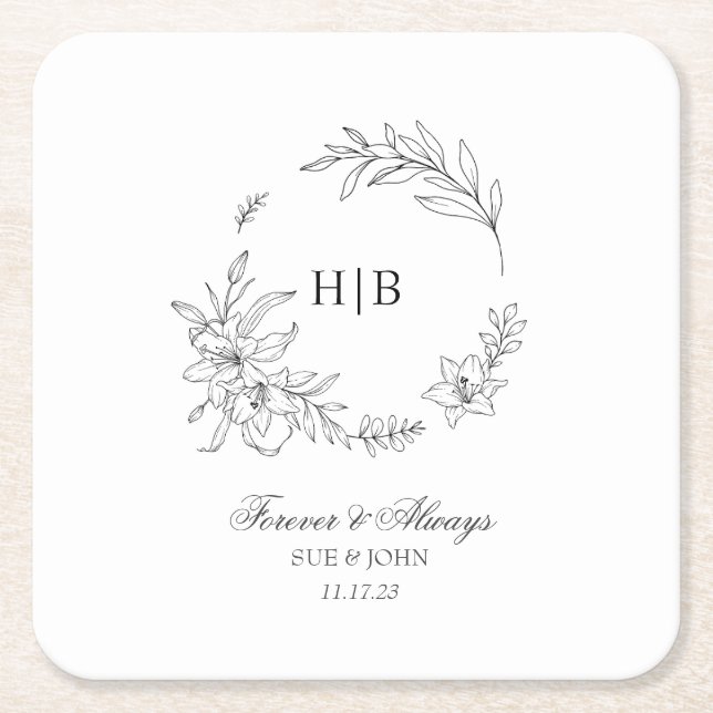 Classic Floral Wreath Monogram Wedding Square Paper Coaster (Front)