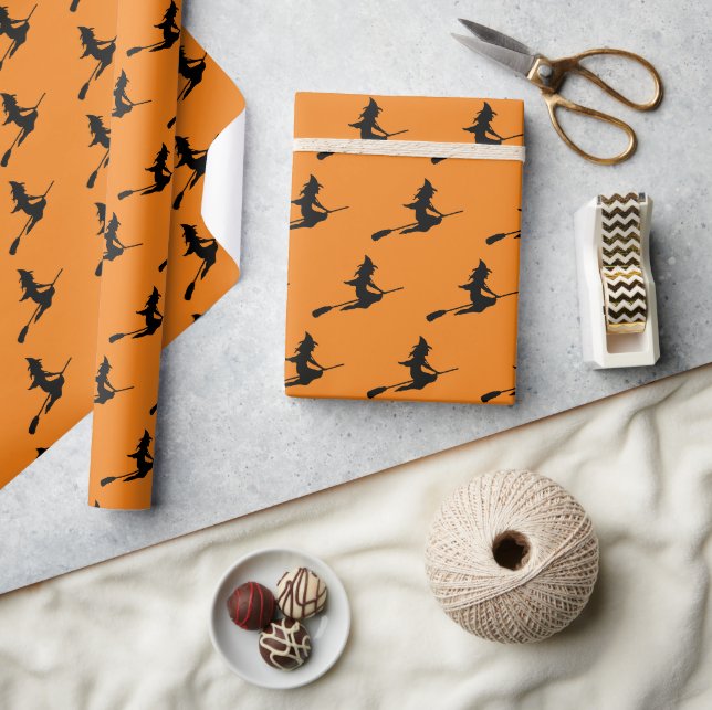 Classic Flying Witch on Broom Black and Orange Wrapping Paper (Crafts)