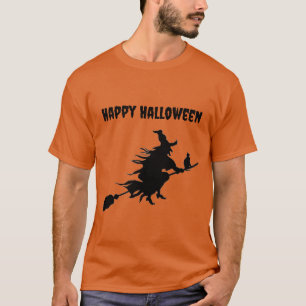 Classic Flying Witch on Broom with Cat Halloween T-Shirt