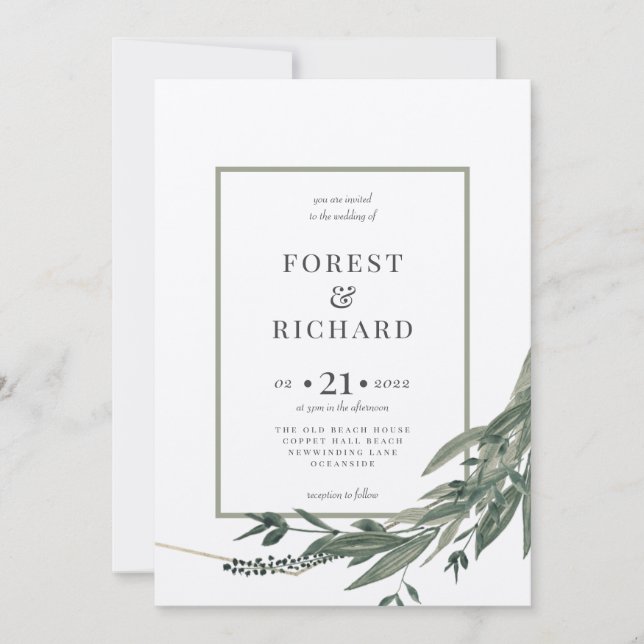 Classic foliage,  polygon, watercolour invitation (Front)
