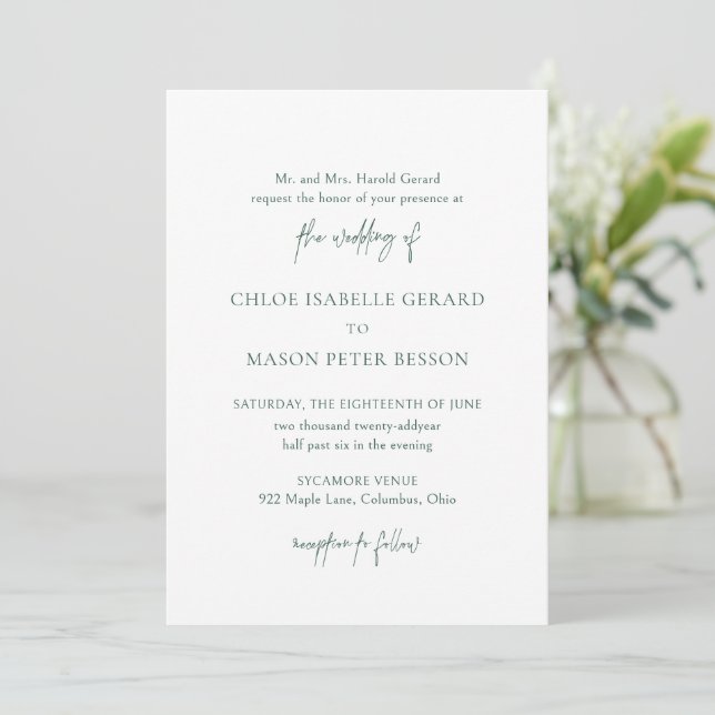 Classic Forest Green Elegant Wedding Invitation (Standing Front)