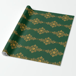 Classic Forest Green Gold Medallion Striped   Wrapping Paper