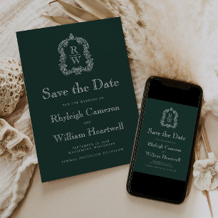 Classic Forest Green Monogram Crest Script Save The Date