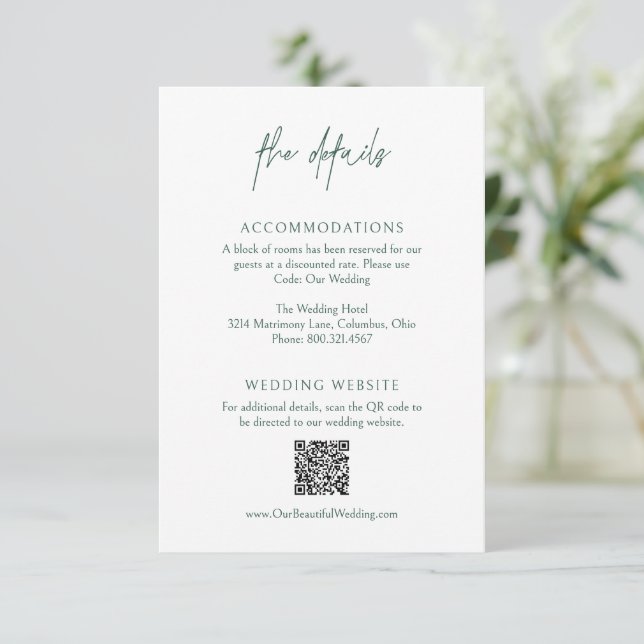 Classic Forest Green QR Code Elegant Wedding Enclosure Card (Standing Front)