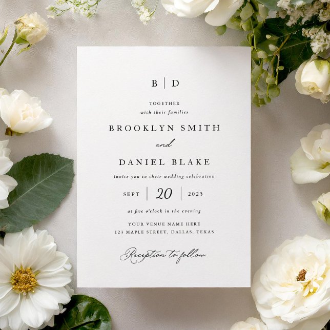 Classic Formal Black and White Monogram Wedding Invitation (Creator Uploaded)