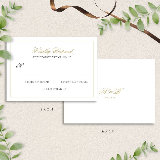 Classic Formal Black & Gold Border Script Wedding RSVP Card (Creator Uploaded)