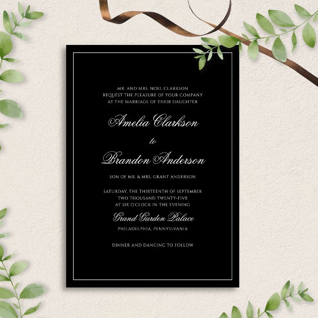 Classic Formal Black & White Border Script Wedding Invitation (Creator Uploaded)