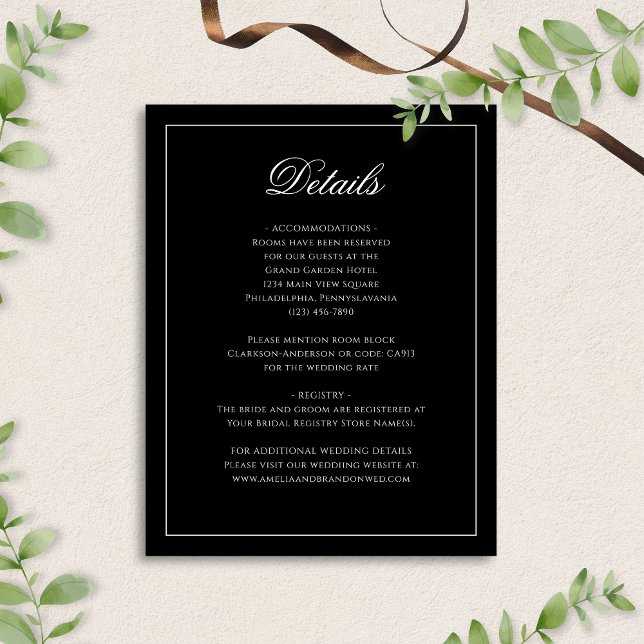 Classic Formal Black & White Wedding Details Enclosure Card (Creator Uploaded)