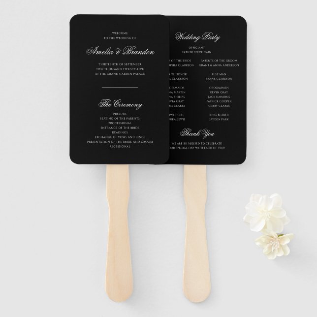 Classic Formal Black & White Wedding Program Hand Fan (Front and Back)