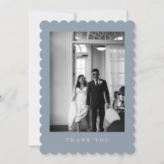 Classic Formal Dusty Blue Wedding Photo Scalloped Thank You Card