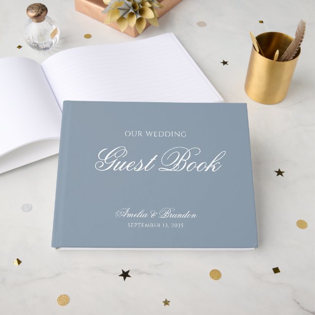 Classic Formal Dusty Blue & White Script Wedding Guest Book (Front Open)
