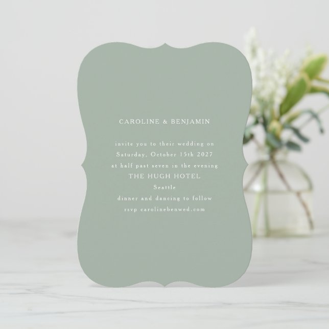 Classic Formal Dusty Sage Unique Shape Wedding Invitation (Standing Front)