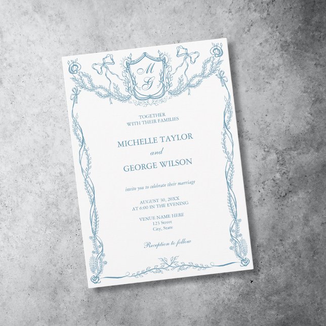 Classic Formal Elegant French Blue Crest Monogram Invitation (Creator Uploaded)