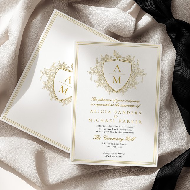 Classic formal elegant gold monogram crest wedding invitation (Creator Uploaded)