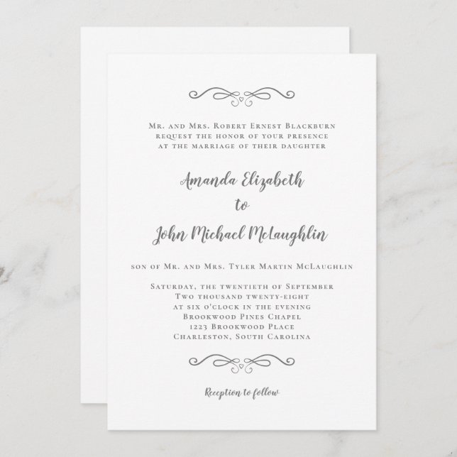 Classic Formal Elegant White Grey Script Wedding  Invitation (Front/Back)