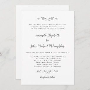 Classic Formal Elegant White Grey Script Wedding Invitation