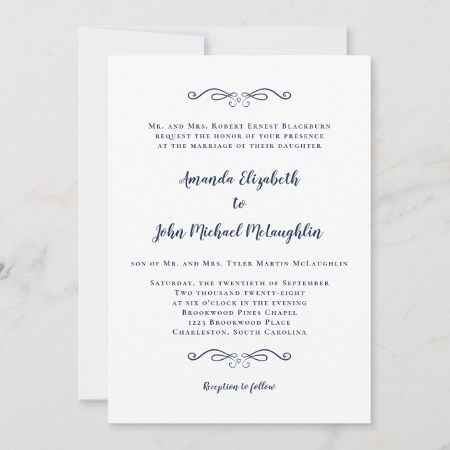 Classic Formal Elegant White Navy Blue Wedding Invitation (Front)