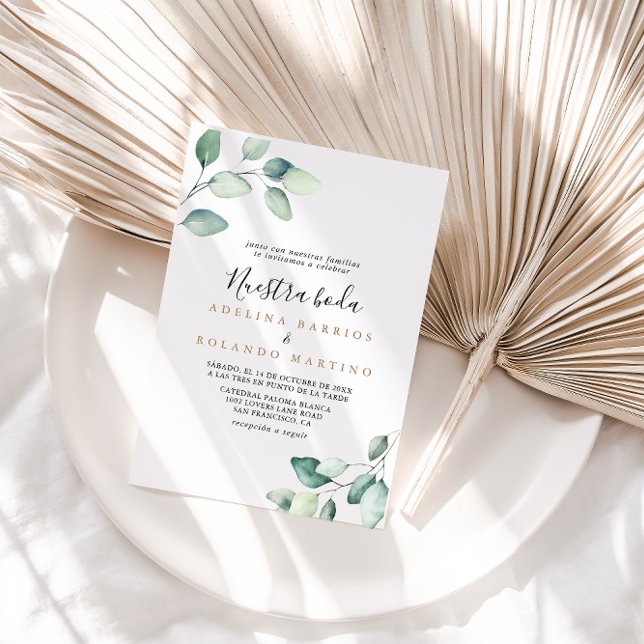 Classic Formal Green Leaves Nuestra Boda Wedding Invitation (Creator Uploaded)