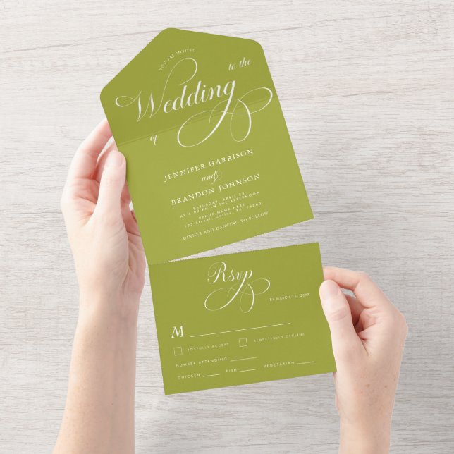 Classic Formal Lime Green Calligraphy Wedding All In One Invitation (Tearaway)