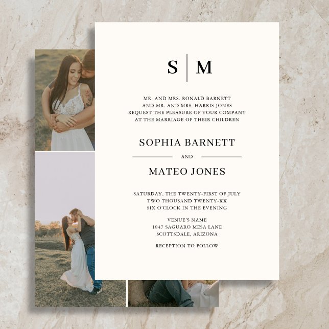 Classic Formal Monogram 4 Photo Ivory Wedding  Invitation (Creator Uploaded)