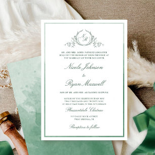 Classic Formal Monogram Green Watercolor Wedding Invitation