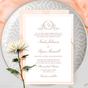 Classic  Formal Monogram Peach Watercolor Wedding Invitation