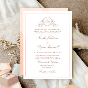 Classic  Formal Monogram Peach Watercolor Wedding Invitation