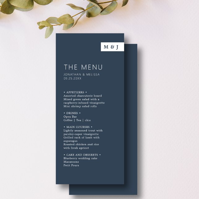 Classic Formal Navy Blue & White Monogram Wedding  Menu (Creator Uploaded)