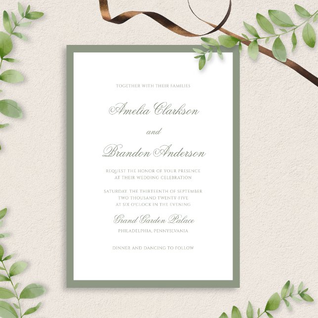 Classic Formal Sage Green Border & Script Wedding Invitation (Creator Uploaded)